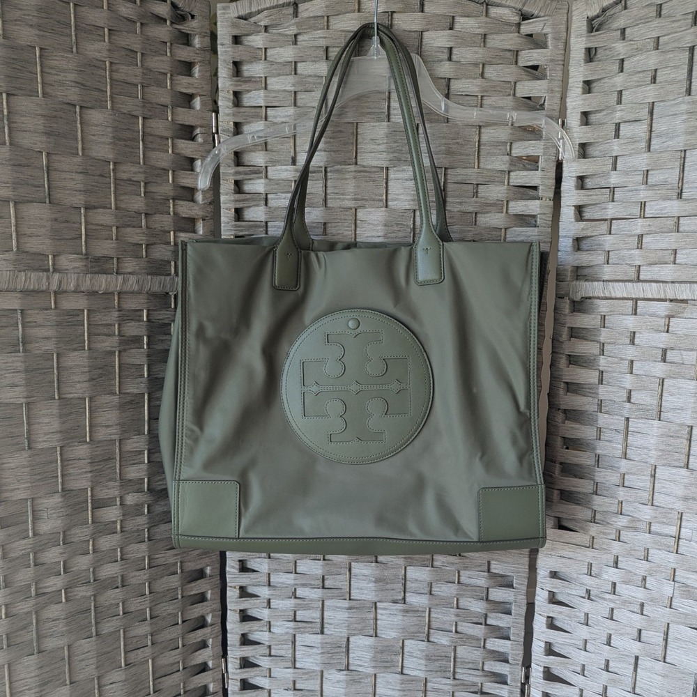 Tory Burch Ella Tote Olive Green Nylon Leather Trim Logo Patch Large Designer
